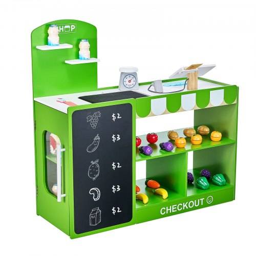 VEVOR Kaufmannsladen-Spielset, Holzspiel 35-teilig, Kinder-Supermarkt-Spielladen mit Einkaufstasche, Förderband, Scanner, Registrierkasse