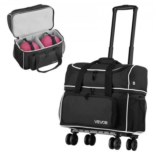 VEVOR Bowlingballtasche für 2 Bälle mit vier Rollen & separatem Fach für Schuhe (bis US-Grö_e 16) & übergro_er Zubehörtasche, einziehbarer Griff