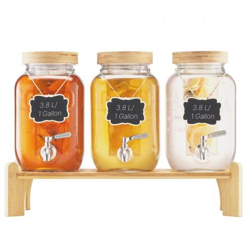 VEVOR Getränkespender (3 x 3,8 L) für Partys Saftspender (aus Glas) mit tropfsicherem Zapfhahn & Holzständer Wasserspender für Restaurants Partys