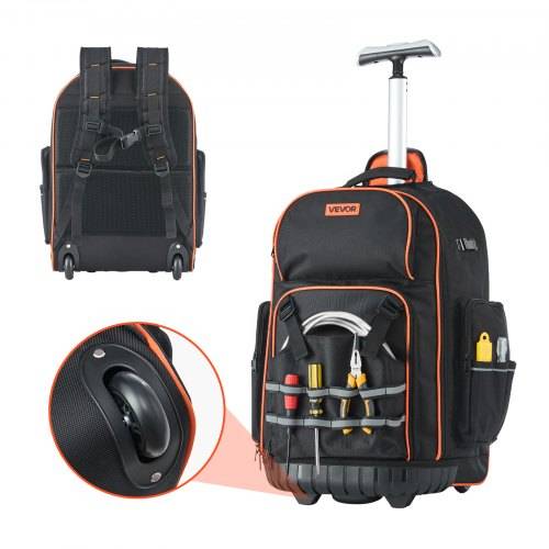 VEVOR Werkzeugrucksack mit Rollen, 50 kg Tragkraft, 72 Taschen, Werkzeugtasche, verstellbarer Teleskopgriff & stabile Basis