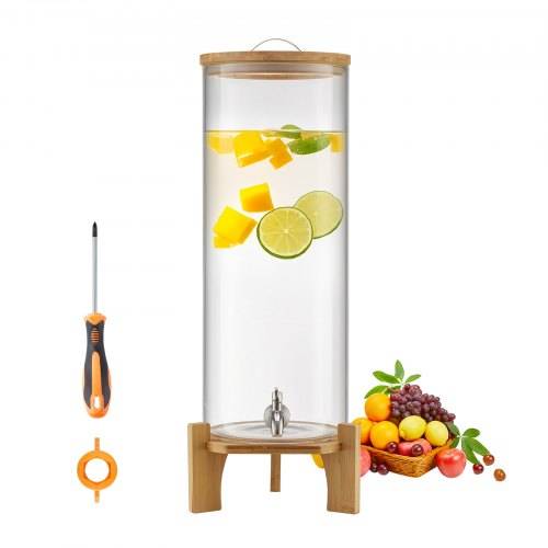VEVOR Getränkespender (1 x 13 L) für Partys Saftspender (aus Glas) mit Holzständer & Zapfhahn Wasserspender für Restaurants Partys, Limonade Eiste