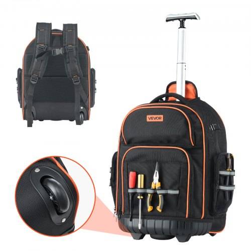 VEVOR Werkzeugrucksack mit Rollen, 50 kg Tragkraft, 45 Taschen, Werkzeugtasche, verstellbarer Teleskopgriff und stabile Basis