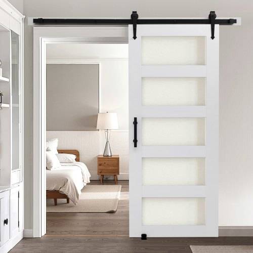 VEVOR Schiebetür im Scheunenstil Schiebetürsystem (914 x 2134 mm) aus hochfesten MDF-Platten & Milchglas, Scheunentor mit Hardware-Kit & wasserfeste