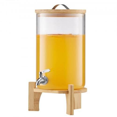 VEVOR Getränkespender (1 x 8 L) für Partys Saftspender (aus Glas) mit tropfsicherem Zapfhahn & Holzständer, Wasserspender für Restaurants Partys,