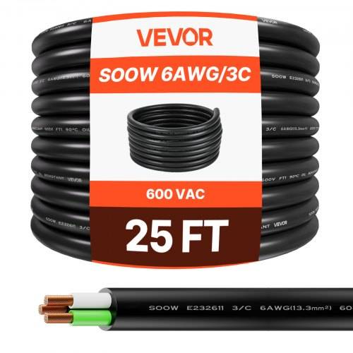 VEVOR 7,62m 6AWG (16 mm²) Elektrokabel Stromkabel Kupfer Verlängerungskabel Draht 600V
