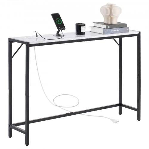 VEVOR Konsolentisch aus Marmor, moderner langer Flurtisch (110 cm) mit Steckdose, dünner Sofa-Beistelltisch mit Eisenrohren, Kippschutz