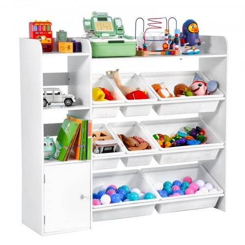VEVOR Spielzeugaufbewahrung Bücherregal Spielzeugregal, 4-stöckige multifunktionale Ablage mit 8 flexiblen Kunststoffbehältern, Schrank für Schlaf