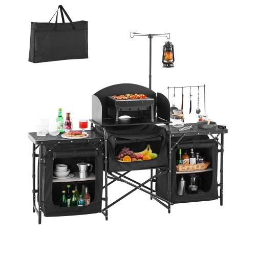 VEVOR Camping Küchentisch Outdoor Kochtisch, tragbare Kochstation aus Aluminium mit 3 Lagerschränken& Tragetasche, & abnehmbarer Windschutzscheibe