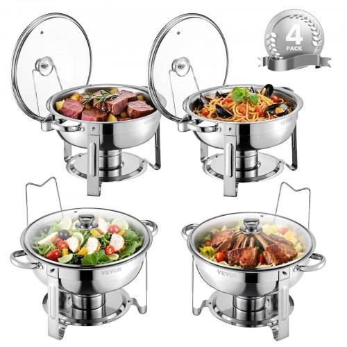 VEVOR Chafing Dish Buffet Speisenwärmer mit 4 Behältern in voller Grö_e (4,7 L pro), runder Catering-Wärmespender mit Glasdeckel & Wasserpfanne &