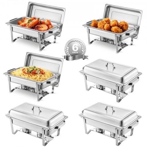 VEVOR Chafing Dish Buffet Edelstahl-Chafing Dish mit 6 Pfannen in voller Grö_e (7,5 L), rechteckiger Catering-Wärmespender mit Deckel & Wasserpfanne