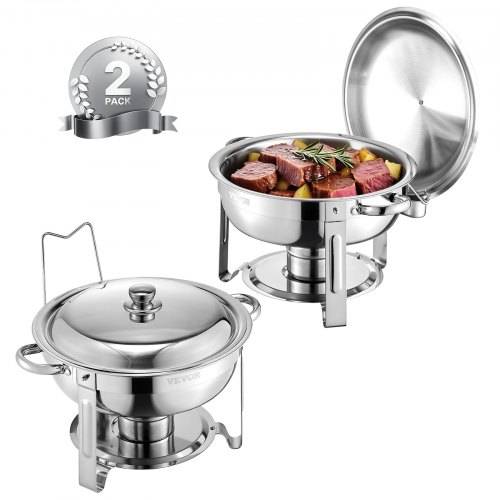 VEVOR Chafing Dish Buffet Speisenwärmer mit 2 Behältern in voller Grö_e (4,7 L pro), runder Catering-Wärmespender mit Deckel & Brennstoffhalter &