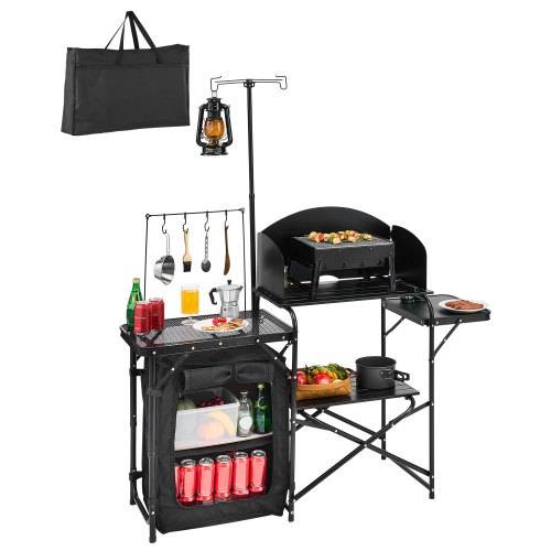 VEVOR Camping Küchentisch Outdoor Kochtisch, tragbare Kochstation aus Aluminium mit Lagerschrank & Tragetasche, & abnehmbarer Windschutzscheibe, für