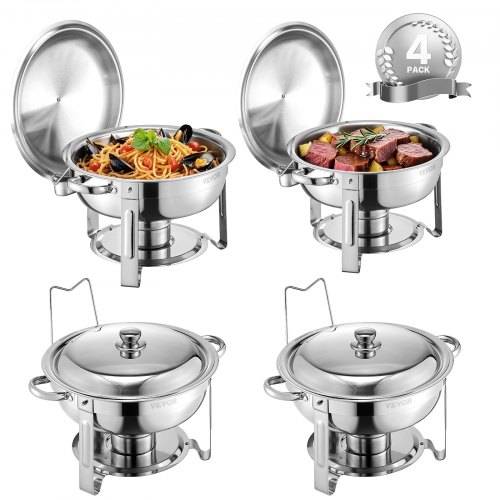 VEVOR Chafing Dish Buffet Speisenwärmer mit 4 Behältern in voller Grö_e (4,7 L pro), runder Catering-Wärmespender mit Deckel & Wasserpfanne & klap