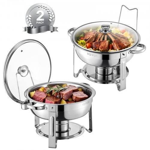 VEVOR Chafing Dish Buffet Speisenwärmer mit 2 Behältern in voller Grö_e (4,7 L pro), runder Catering-Wärmespender mit Glasdeckel & Wasserpfanne &