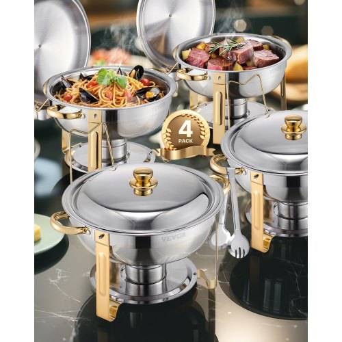 VEVOR Chafing Dish Buffet Speisenwärmer mit 4 Behältern in voller Grö_e (4,7 L pro), runder Catering-Wärmespender mit Deckel & Wasserpfanne & klap