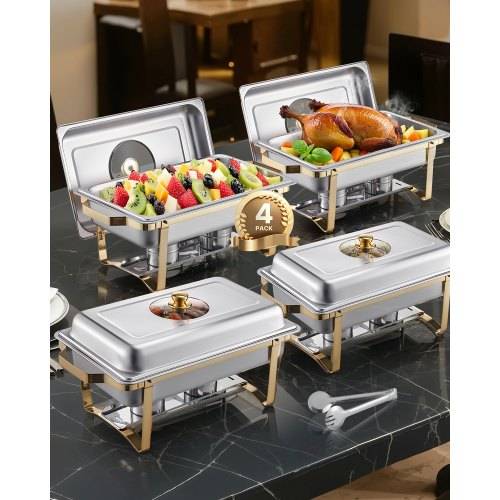 VEVOR Chafing Dish Set Speisenwärmer Edelstahl mit 4 Behältern in voller Grö_e (7,5 L pro), rechteckiger Wärmespender mit sichtbarem Deckel & Wass