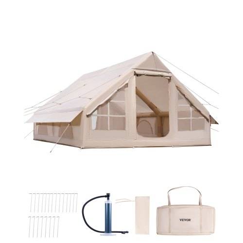 VEVOR Aufblasbare Zelte für Camping 4x3x2 m, 5_8 Personen, 300D Oxford Glamping-Zelt mit Ofenanschluss, Handpumpe 2 Türen & 4 Netzfenstern, inkl. Au