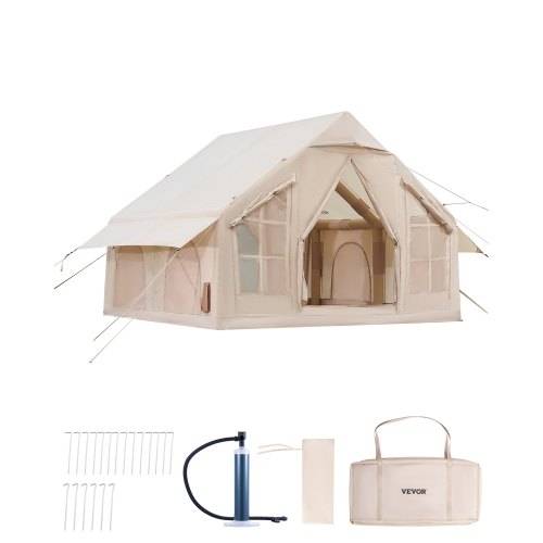 VEVOR Aufblasbare Zelte für Camping 3x3x2,3 m, 4_6 Personen, 300D Oxford 4-Jahreszeiten-Glamping-Zelt mit Handpumpe, Ofenanschluss, 2 Türen & 4 Netz