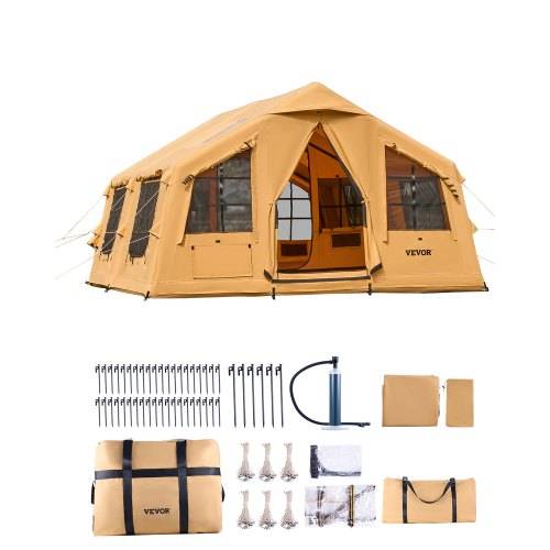 VEVOR Aufblasbares Zelt für Camping 8-12 Personen mit Handpumpe, 4,8x3,6x2,2 m Glamping-Zelt mit 2 Oberlichtern, Baldachin, Ofenanschluss, 2 Türen
