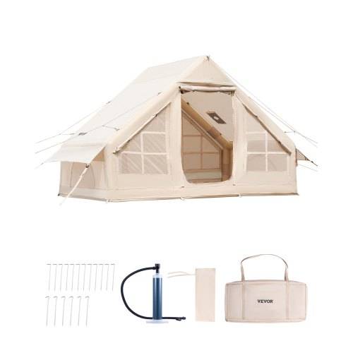 VEVOR Aufblasbare Zelte für Camping 3x2x2m, 3_5 Personen, 300D Oxford 4-Jahreszeiten-Glamping-Zelt mit Handpumpe, Ofenanschluss, 2 Türen & 2 Netzfen