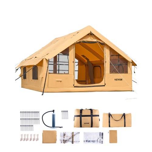 VEVOR Aufblasbares Zelt für Camping, 5-8 Personen Zelt mit Handpumpe, 4x3x2,2 m Glamping-Zelt mit 2 Oberlichtern, Baldachin, Ofenanschluss, 2 Türen