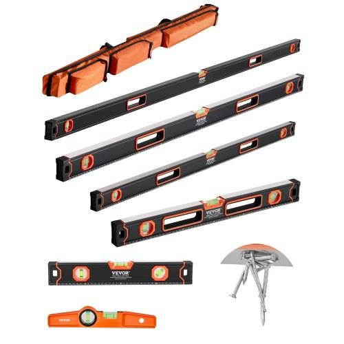 VEVOR Wasserwaagen 6er-Set, 200/120/80/60/40/25cm, Messwerkzeug mit Libellen für 45/90/180 Grad, magnetisches Box-Wasserwaagen-Werkzeug aus