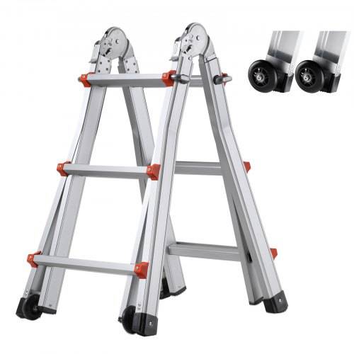 VEVOR Teleskopleiter mit A-Rahmen, 2880 mm kompakte Aluminium-Ausziehleiter, tragbare zusammenklappbare Mehrzweckleiter, Anlegeleiter für