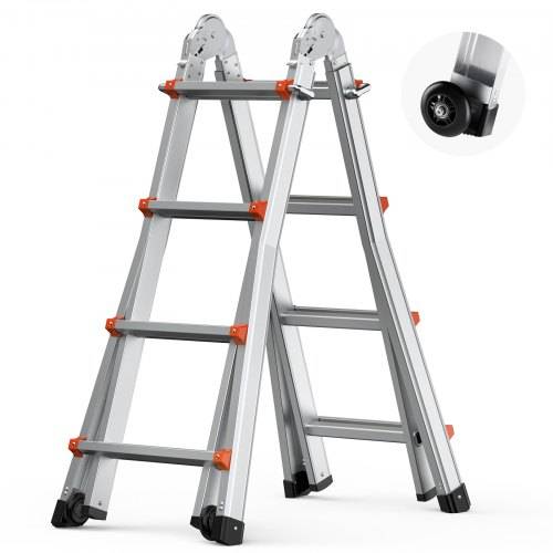 VEVOR Teleskopleiter mit A-Rahmen, 4 m Aluminium-Ausziehleiter, multifunktionale zusammenklappbare Wohnmobilleiter, Teleskopleiter für Hausaufgaben