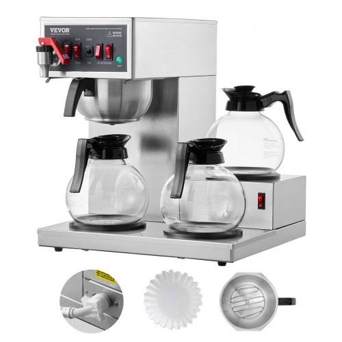 VEVOR kommerzielle Filterkaffeemaschine für 12 Tassen Kaffeemaschine mit 3 Glaskaraffen & 3 Warmhalteplatten, _bergie_-Kaffeemaschine aus Edelstahl