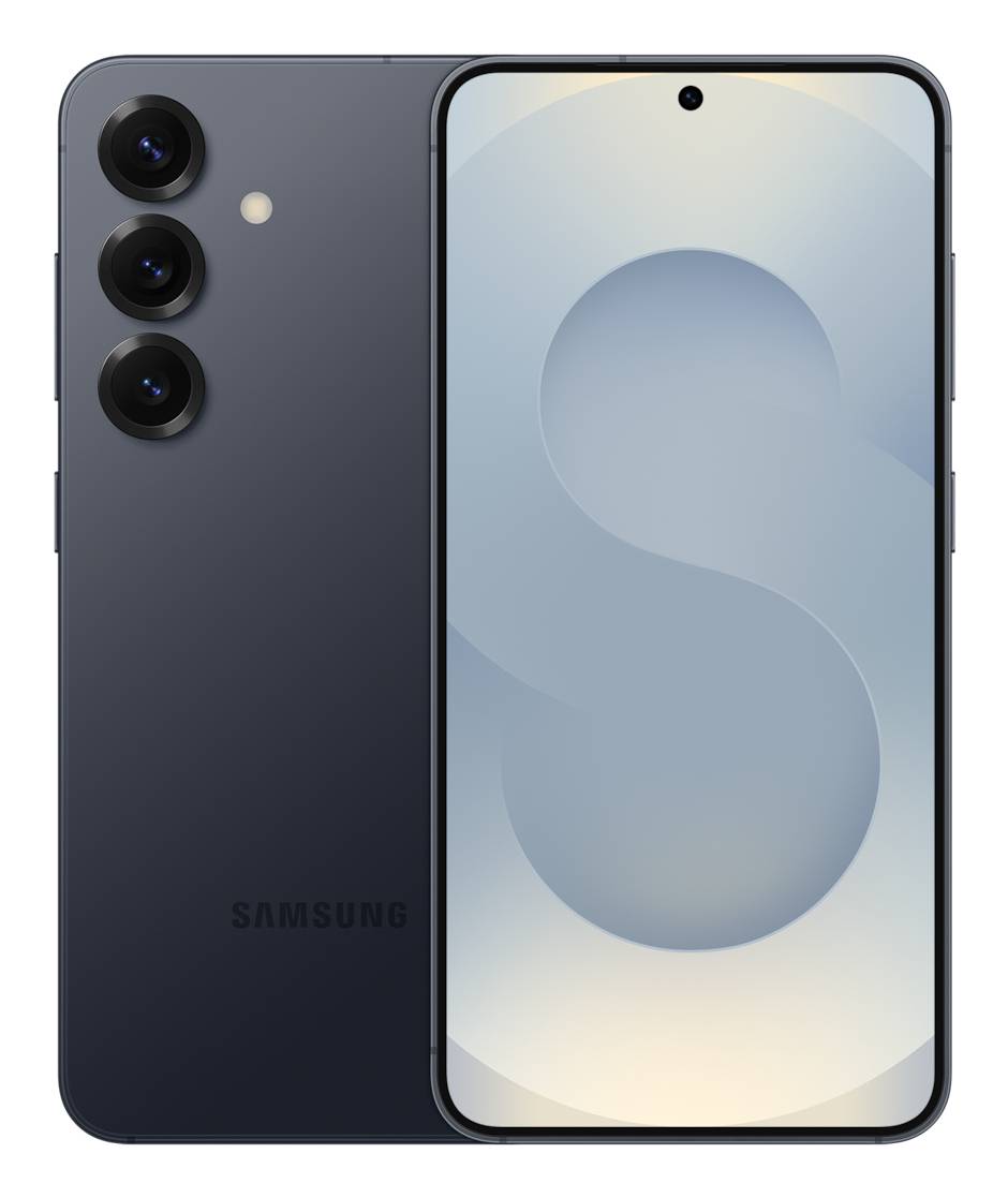 Ein schwarzes Smartphone mit drei vertikal auf der linken Seite ausgerichteten Rückkameras. Der Frontbildschirm zeigt ein dezentes Verlaufsdesign.