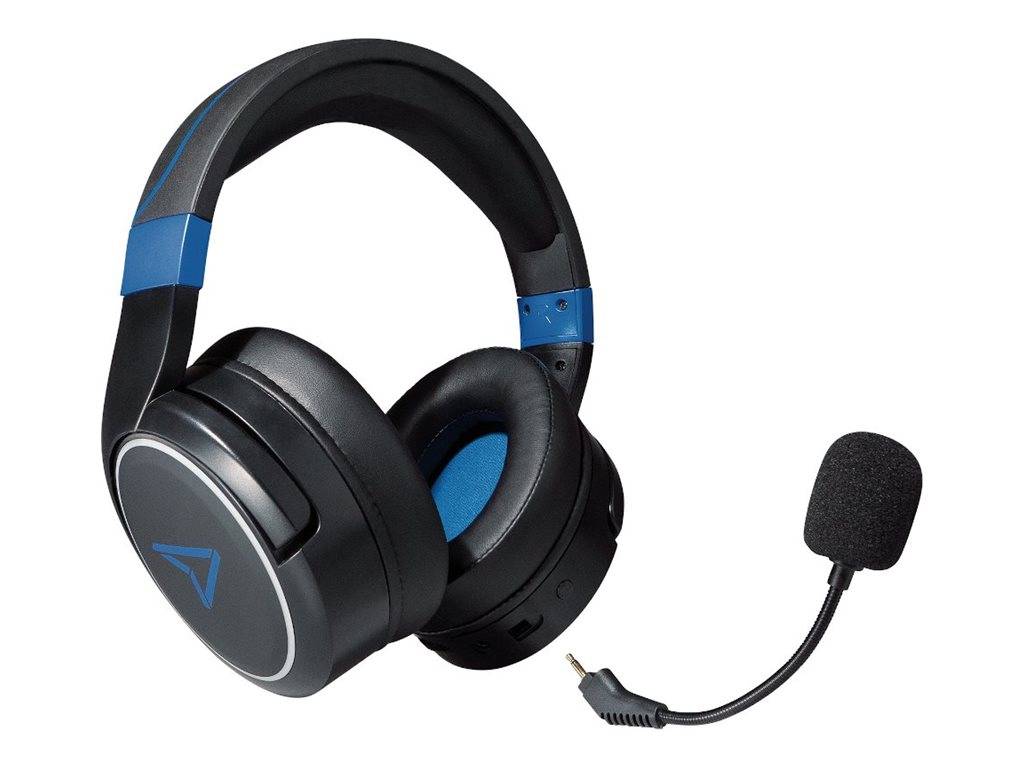 Schwarze und blaue Over-Ear-Gaming-Kopfhörer mit angebrachtem Boom-Mikrofon auf weißem Hintergrund.