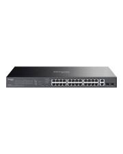 Ein Netzwerk-Switch mit 24 Ethernet-Ports, auf der Oberseite gebrandmarkt, entwickelt für die Verbindung mehrerer Geräte in einer LAN-Konfiguration.