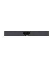 Eine graue Soundbar mit einem kleinen Bedienfeld in der Mitte, die für die Verbesserung der Audioqualität in einem Heimunterhaltungssystem entwickelt wurde.