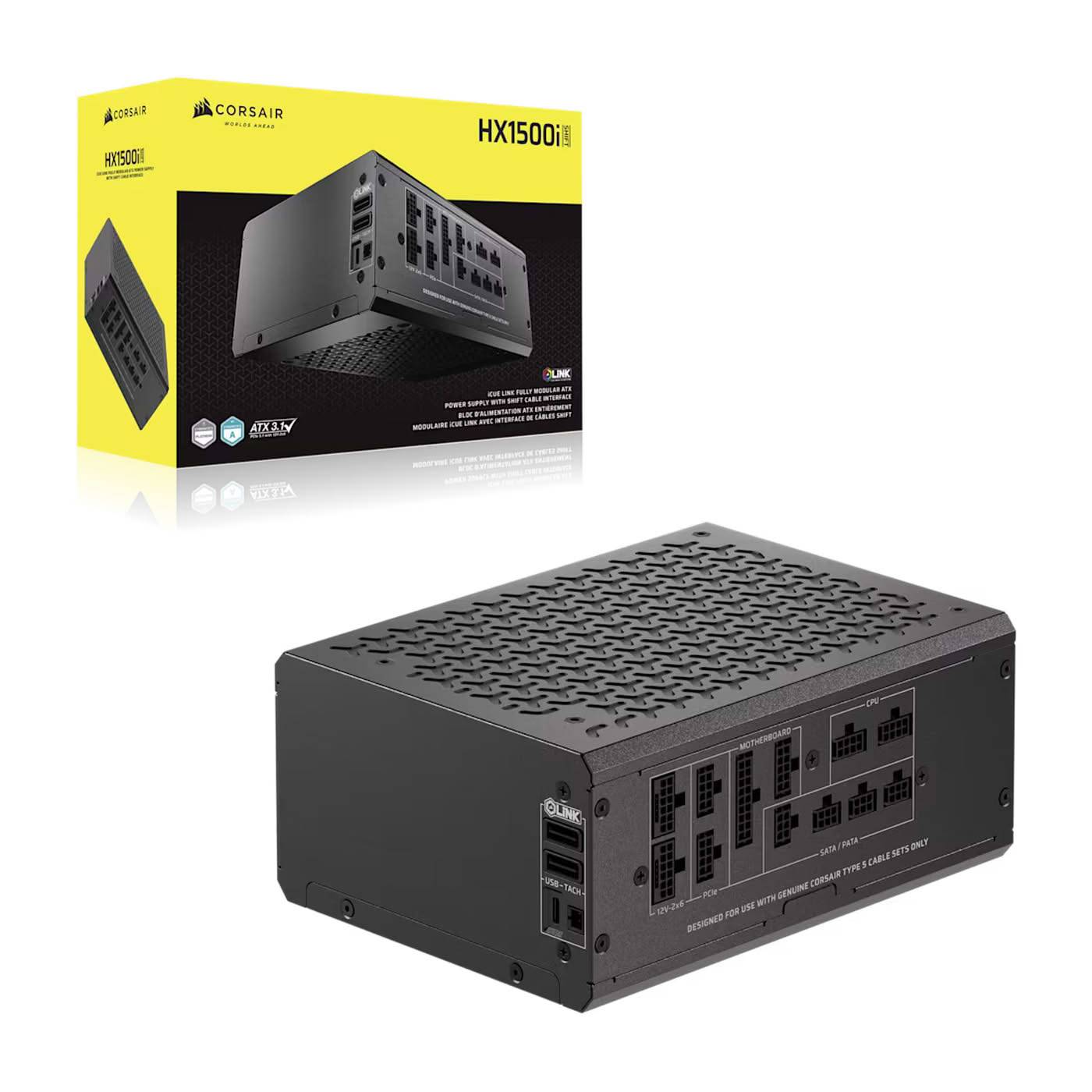 Corsair HX1500i Netzteil mit modularen Kabelanschlüssen, ausgestattet mit 80 PLUS Platinum Effizienz, präsentiert in der Einzelhandelsverpackung.