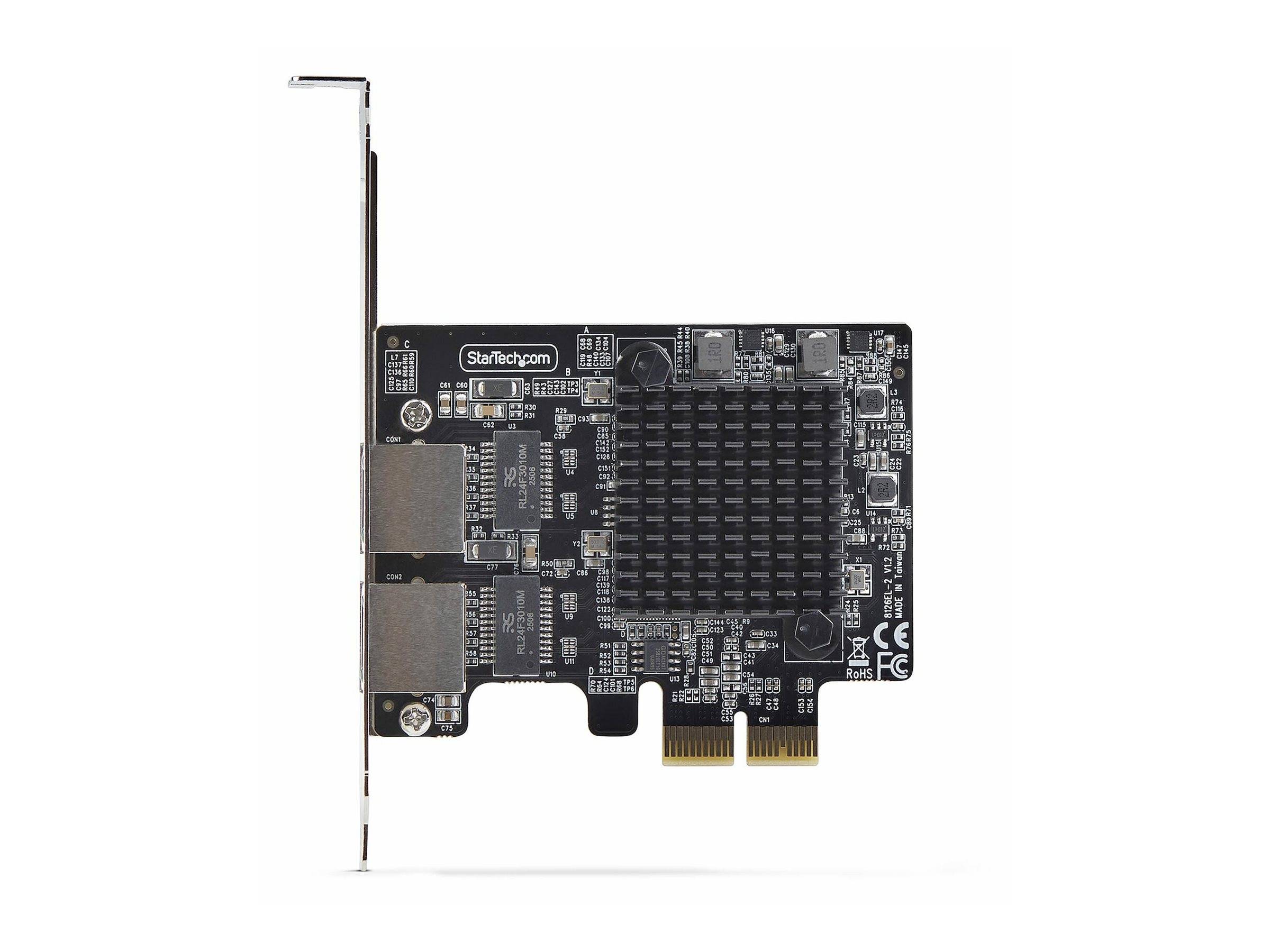 Eine PCIe-Netzwerkkarte mit zwei Ethernet-Ports, einem Kühlkörper und dem StarTech.com-Logo, entwickelt für hochgeschwindigkeite Netzwerkverbindungen.