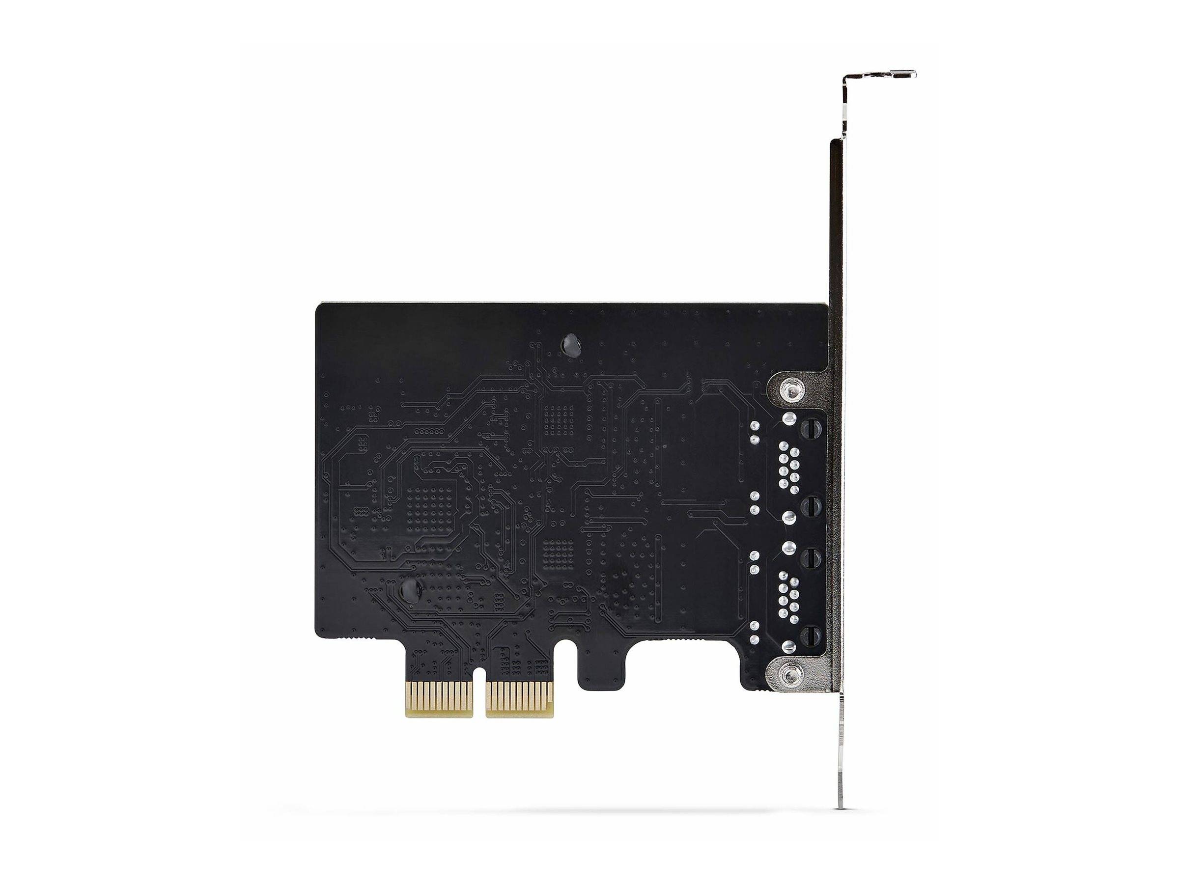 Schwarze PCIe-Erweiterungskarte mit sichtbarer Schaltkreisstruktur und Metallhalterung zur Installation in einem Computer.