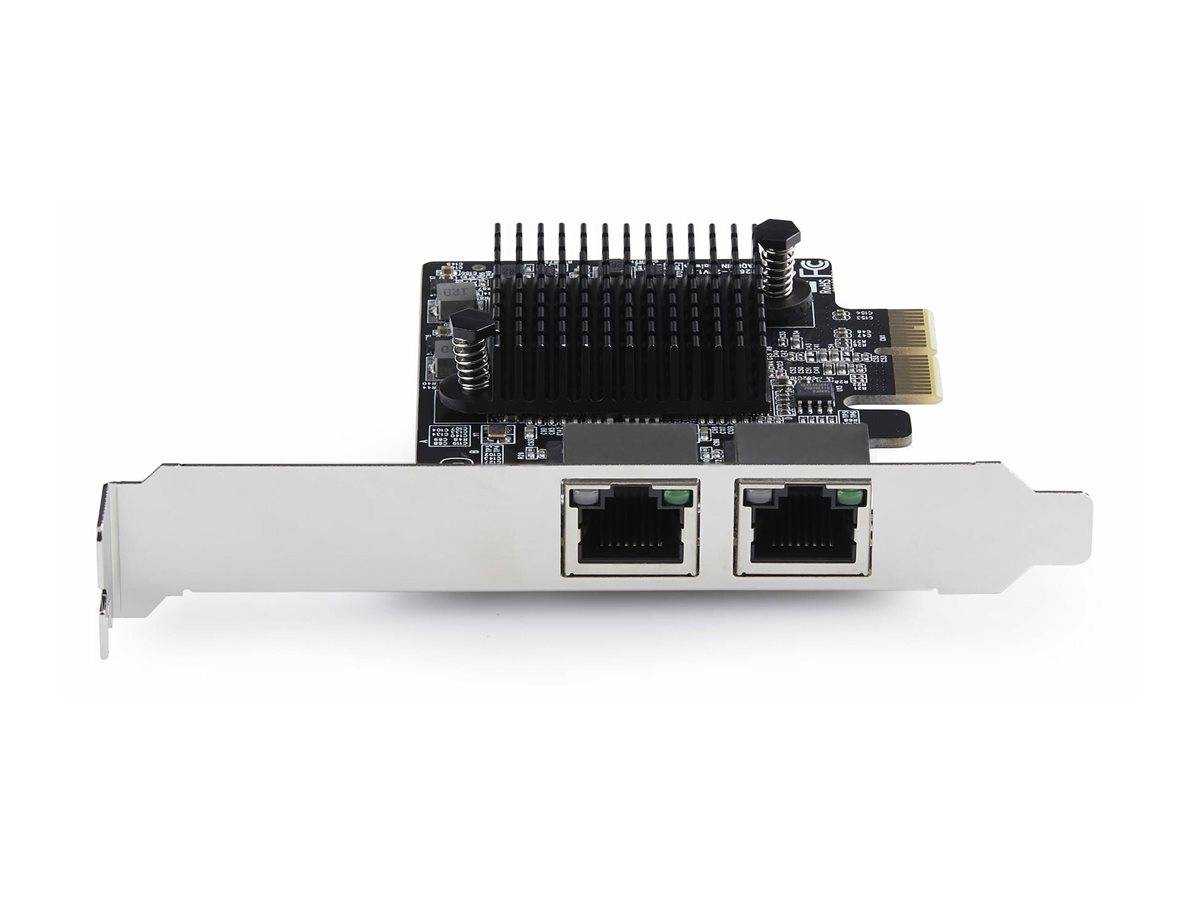 Eine Netzwerkkarte mit zwei Ethernet-Anschlüssen ist abgebildet. Sie verfügt über einen goldenen PCIe-Stecker für die interne Installation in einem Computer.