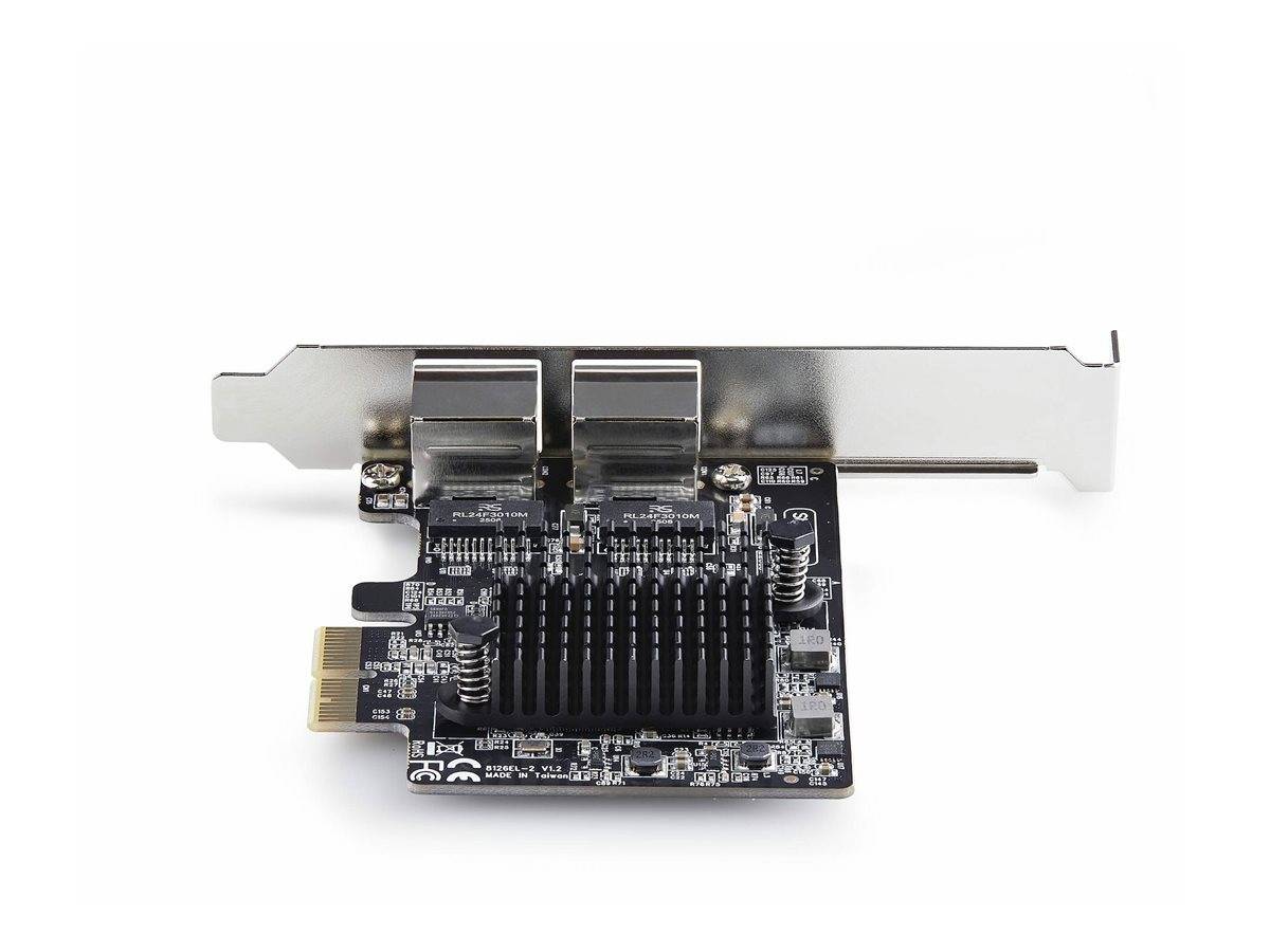 Eine Computererweiterungskarte mit zwei Netzwerkanschlüssen und einem Kühlkörper zur Verbesserung der Leistung und Konnektivität in einem Server oder Desktop-Computer.