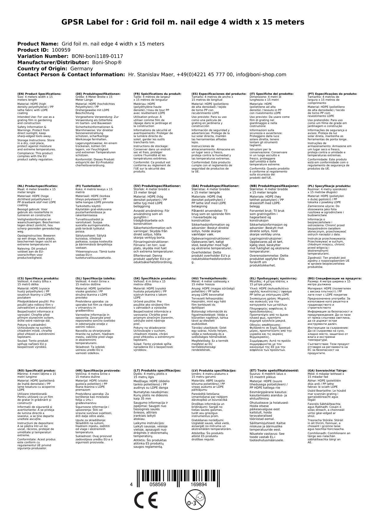 Gitterfolie mit Nagelrand, Gewächshausfolie, 4 Breite x 15 Meter