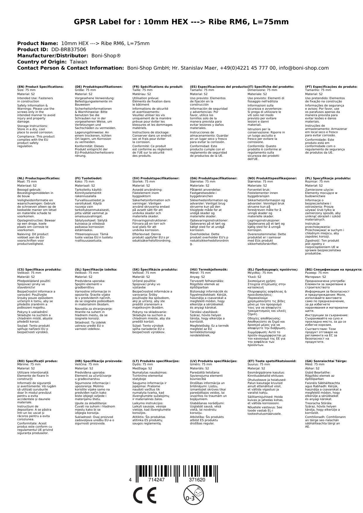 Ribe Bit, 10mm Hex Bit, RM6, 75mm, S2 Stahl