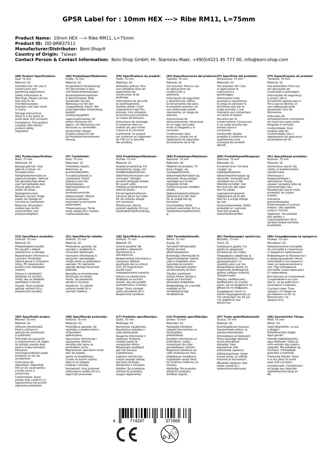 Ribe Bit, 10mm Hex Bit, S2 Stahl, 75mm, RM11