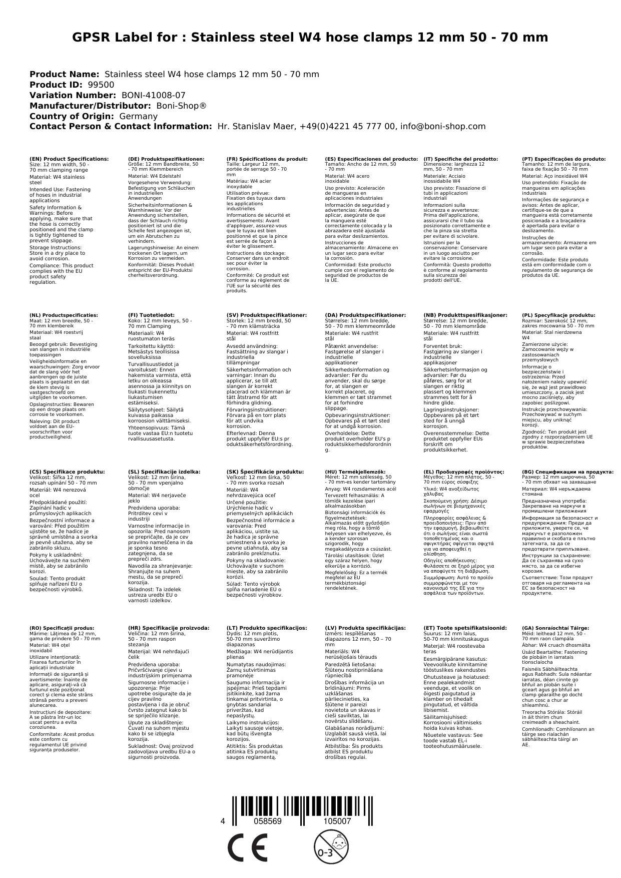 Schlauchschellen Edelstahl, 12mm, 50-70mm, W4, DIN 3017