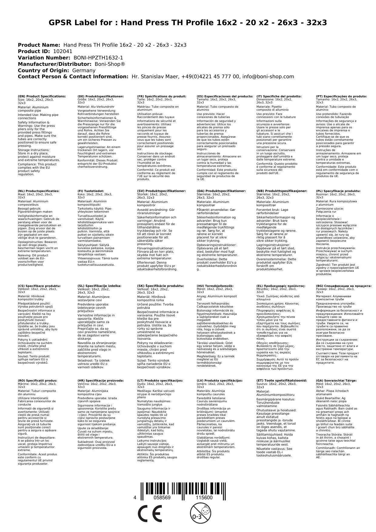 Presszange TH Profil, Verbundrohr Presszange, Handpresszange