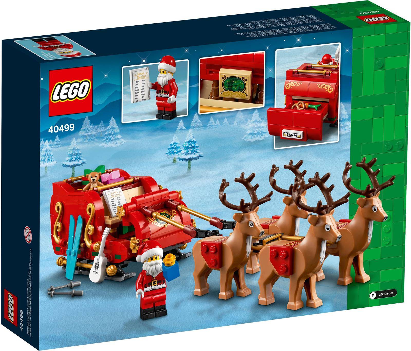 Eine Schachtel des LEGO-Sets 40499 mit dem Weihnachtsmann, einem Schlitten und Rentieren vor einer verschneiten Kulisse.