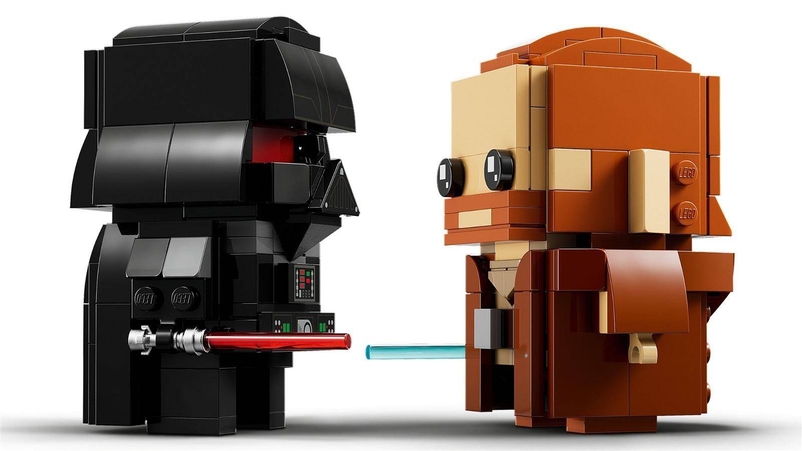 Zwei LEGO-ähnliche Star-Wars-Figuren, Darth Vader auf der linken Seite und Prinzessin Leia auf der rechten Seite, stehen sich gegenüber und halten rote und blaue Laserschwerter.