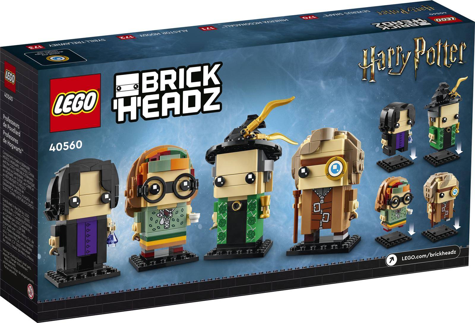 LEGO BrickHeadz Figuren aus 'Harry Potter'. Enthält Harry, Hermione, Ron und andere, auf einem blauen Verlaufshintergrund dargestellt.