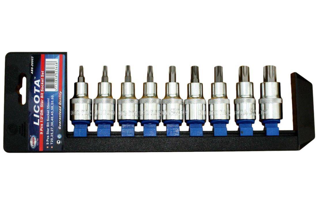 Ein Satz aus neun Schraubendreher-Bits in einem Metallhalter, jedes Bit hat eine silberfarbene Basis und eine charakteristische Spitze, entwickelt für verschiedene Schraubentypen.