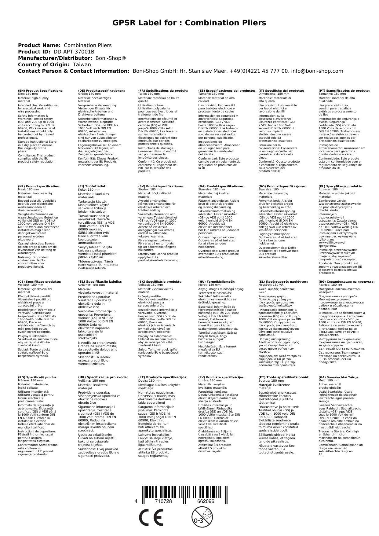 Kombizange VDE, Elektriker Zange, 180mm, isoliert
