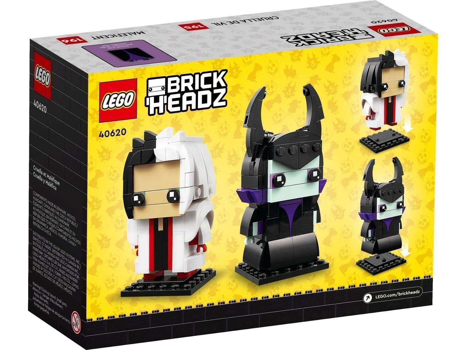 LEGO BrickHeadz 40620 Schachtelkunst mit zwei baubare Charakteren: eine weißhaarige Figur und eine schwarze und violette gehörnte Figur, mit kleineren Vorschaubildern auf der rechten Seite.