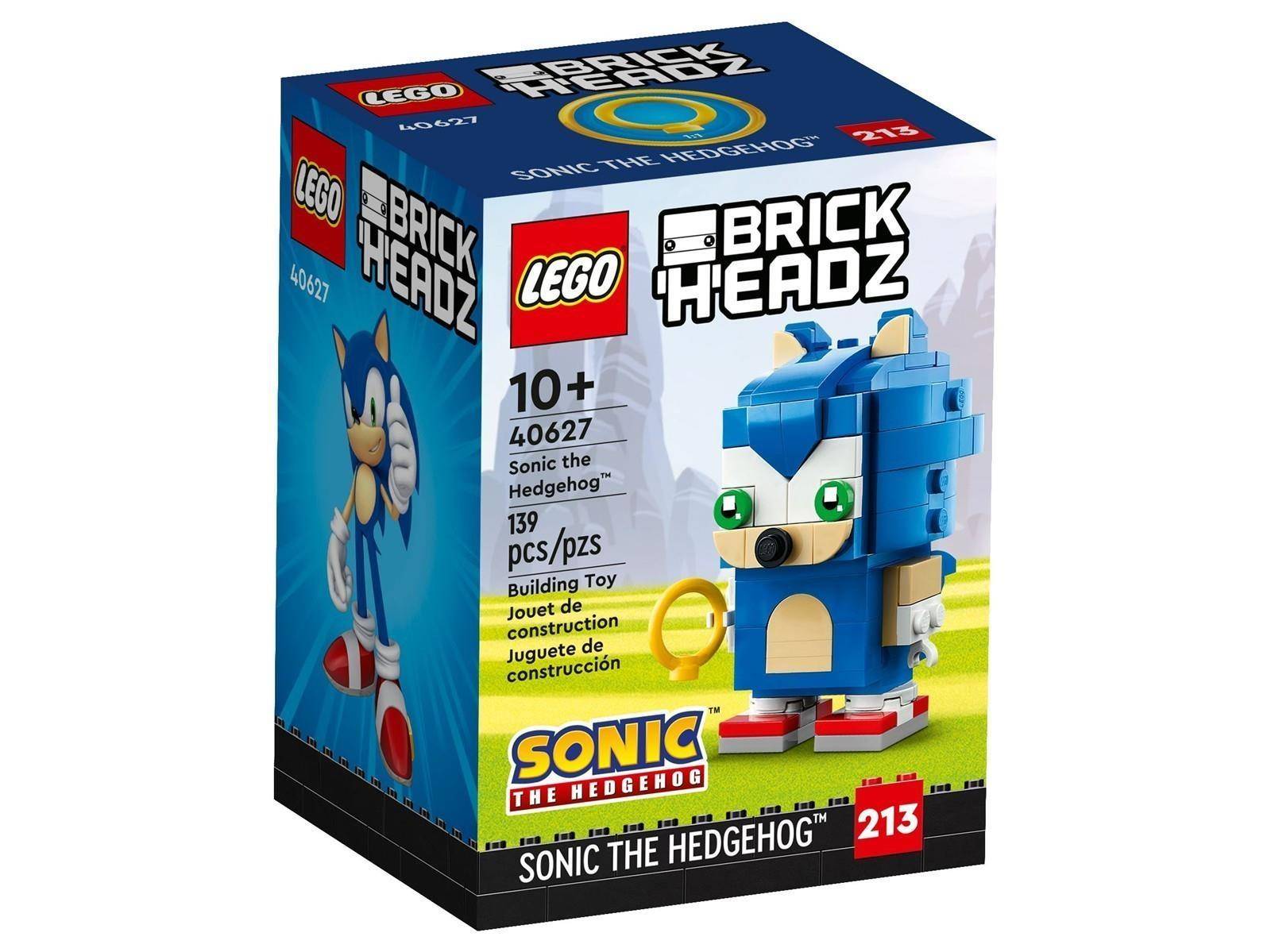 LEGO BrickHeadz Sonic der Igel Baukasten-Schachtel, die eine blaue Sonic-Figur und ein Ab-10-Jahren-Set 40627 mit 139 Teilen zeigt.
